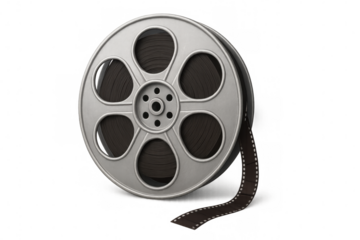 Metal film reel unwinding, showing the film strip, isolated on transparent background, perfect for cinema and movie-related projects