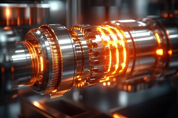 Obraz premium Close-up of intricate, high-tech machinery. Gears, bearings, and components in polished metal with glowing orange accents. Details of engineering design are highlighted