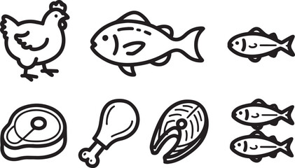 Selection of Animal Protein Icons Chicken Fish Steak and Salmon Various Depictions Black and White Line Art