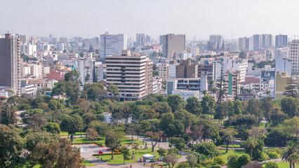 Aerial view to Park of the Reserve with magic water circuit biggest fountain complex timelapse