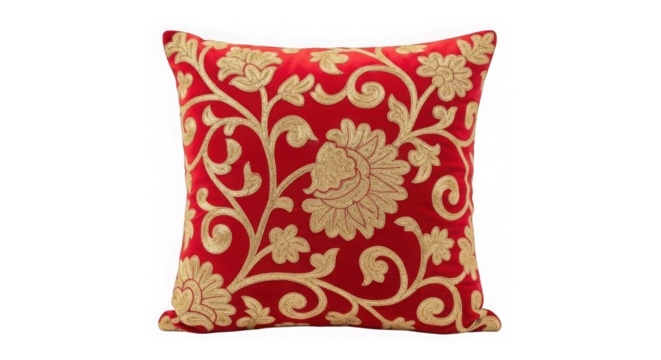 Red decorative pillow with golden embroidery isolated on transparent background