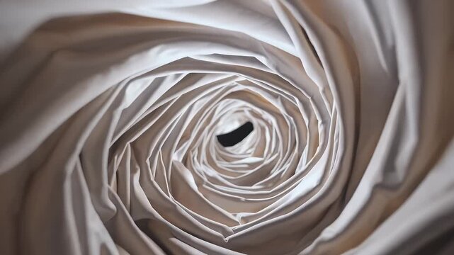 Present serene abstraction four K gentle beige ivory fabric ribbons twist endless tunnel folds their satin textures inviting viewers toward calm introspection ideal spa promos minimalist art
