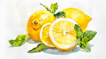 watercolor painting of lemons with mint leaves