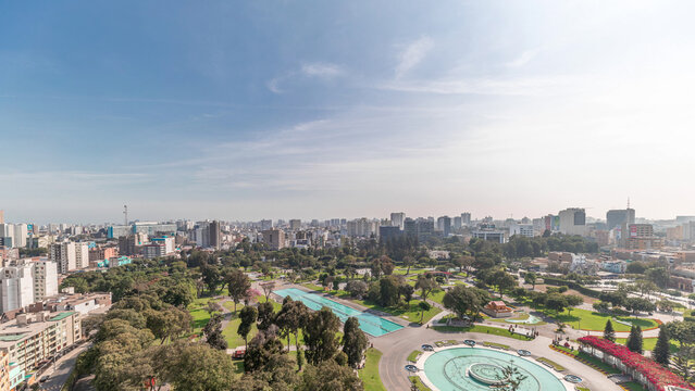 Aerial view to Park of the Reserve with magic water circuit biggest fountain complex timelapse