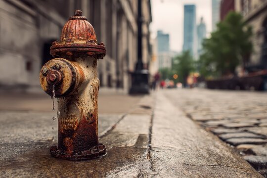 Leaking fire hydrant in city street. Buildings in background, urban scene