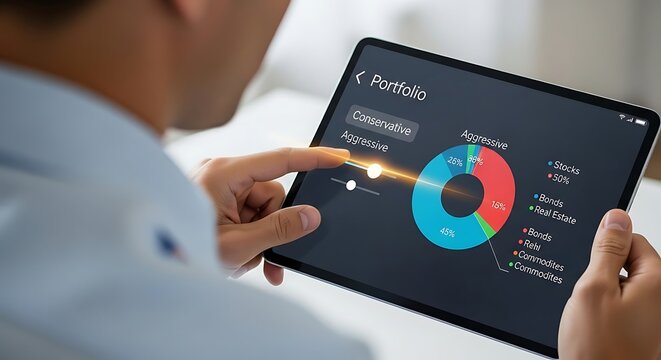 Close-up of a person reviewing financial data on a digital tablet, highlighting portfolio analysis.