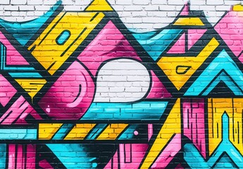 Obraz premium Vibrant street art mural showcasing an eye-catching geometric design in bold pink, yellow, and blue colors, creating a lively urban atmosphere.
