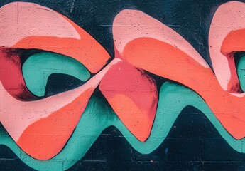 A vivid abstract mural featuring bold swirling shapes in shades of pink, orange, and green, creating a dynamic and energetic vibe against a dark background.