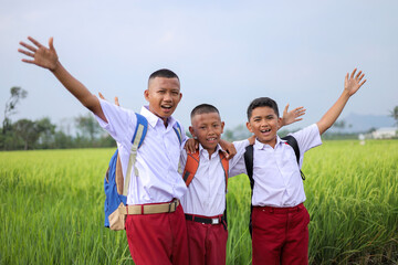 Young Indonesian Elementary School Boys Cheering And Celebrating In Rice Field