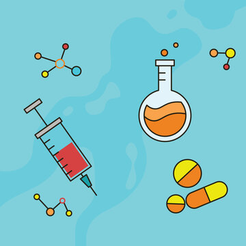 Showcases medical elements like a syringe flask pills and molecules.