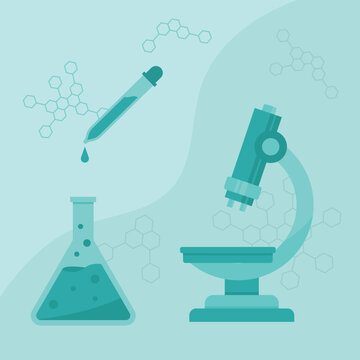 Light teal image depicts a microscope flask dropper and chemical structures.