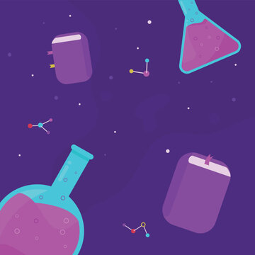 Purple backdrop shows books beakers molecule symbols science theme design clearly.