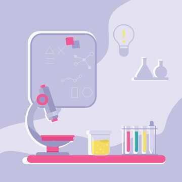 Laboratory equipment including a microscope flasks and test tubes.