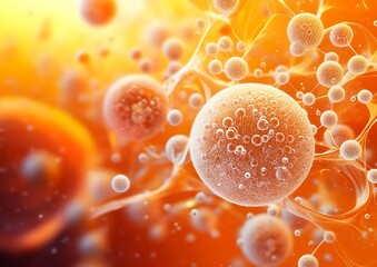 Microscopic View of Orange Cells and Molecules in Motion – Scientific Biology Background with Abstract Cellular Structure