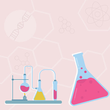 This depicts colorful chemical laboratory equipment against a light pink science background.