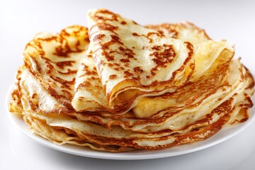 Close up of pancakes on a plate against a white backdrop
