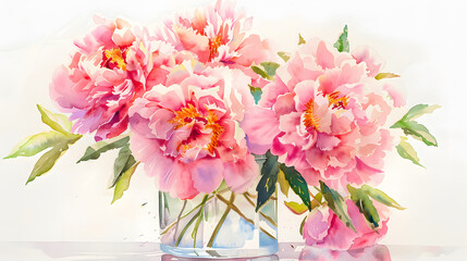 watercolor painting of pink peonies in a clear