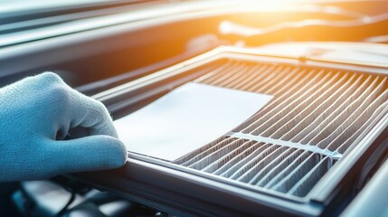 A focused mechanic in a blue glove is replacing an air filter in a car engine compartment, showcasing attention to detail and vehicle maintenance in a bright environment.