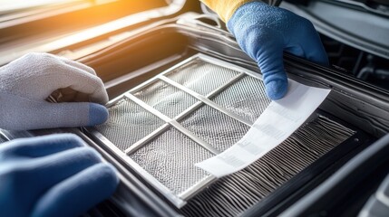 Close-up of a person in blue gloves changing an air filter in a vehicle, showcasing meticulous attention to detail in automotive maintenance and care.