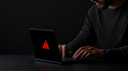 A man of Middle-Eastern descent focused on his laptop displaying a red warning alert, creating a tense atmosphere. The dark backdrop emphasizes the urgency of the situation.