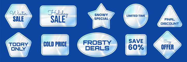 Set of holographic stickers. Winter sale. Hologram labels in silver blue foil different geometric shapes. Snow rainbow shiny discount emblems tags. Isolated Neon vector illustration