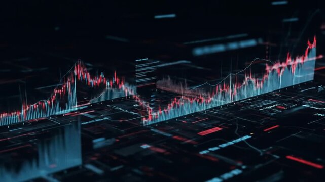 Digital interface displays a stock market data visualization with dynamic charts, a network grid, and pulsing red/blue lines