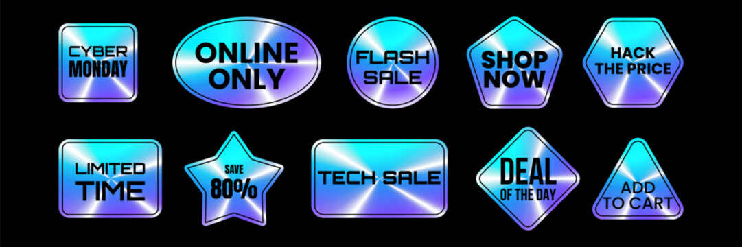 Set of holographic stickers. Cyber Monday. Hologram sale promo labels of different geometric shapes iridescent foil. Colored rainbow shiny discount emblems tags. Isolated Neon vector illustration