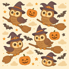 Cartoon animal festival pattern of owls and pumpkins whimsical halloween theme cheerful environment playful viewpoint