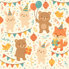 Seamless cartoon animal festival pattern celebrating joy whimsical environment cheerful viewpoint