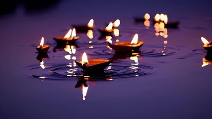 Evoke Diwali peace gentle four K animation floating diyas casting warm reflections tranquil water beneath magenta twilight sky suitable festival greetings meditation - Powered by Adobe