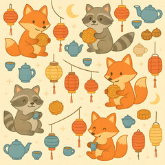Seamless cartoon animal festival design cozy environment cute raccoons and foxes whimsical pattern for kids