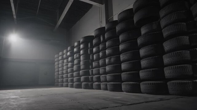 Enhance eerie edits vertical four K pan stacked black tyres dim warehouse shafts light cutting gloom to create industrial suspense perfect documentary B roll moody music