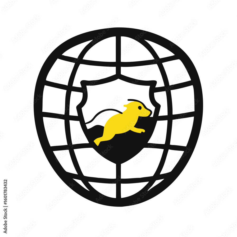 Aufkleber globe with protective shield and running rodent icon for global security