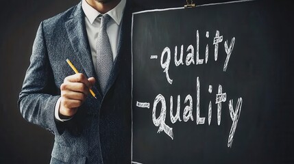 A professional man in a tailored suit presents a chalkboard with the word 'quality' written in white chalk. The dark background emphasizes the importance of quality in business.