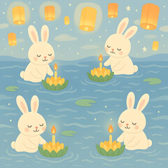 Seamless cartoon festival with animals lighting lanterns on water serene environment whimsical viewpoint