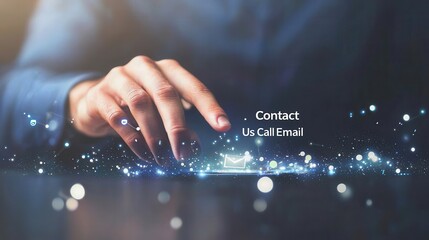 A close-up of a hand reaching towards glowing icons representing communication, visibly interacting with digital elements in a dark, modern setting.