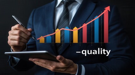 A male professional in a suit analyzes growth metrics on a tablet, highlighting quality improvement with a vibrant graph and arrow, conveying a sense of achievement and progression.