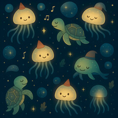 Whimsical festival of cartoon animals celebrating under stars seamless pattern design in a joyful environment