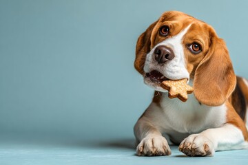 Playful Beagle Puppy Holding a Cookie Studio Pet Photography Soft Background Close-Up Joyful Vibes