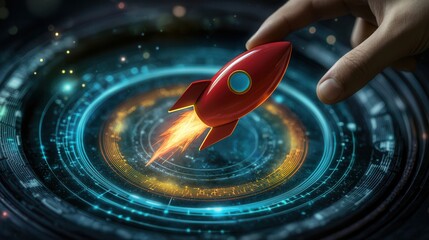 A hand gently launching a vibrant red rocket against a futuristic digital backdrop, evoking themes of innovation and exploration.