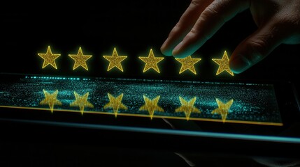 A close-up of a hand targeting glowing golden stars reflected on a sleek touchscreen, symbolizing a five-star rating. The atmosphere is digital and modern, with a focus on user interaction.
