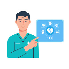 Young male healthcare worker in scrubs presenting medical data on a digital screen, concept for patient education, medical technology demonstration and telemedicine services.