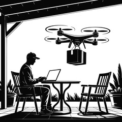 Drone delivery service concept man working on laptop with parcel arriving at outdoor patio area modern technology