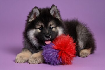 Obraz premium Playful Puppy with Colorful Toy Indoor Studio Pet Photography Soft Atmosphere Close-Up Adorable Companionship