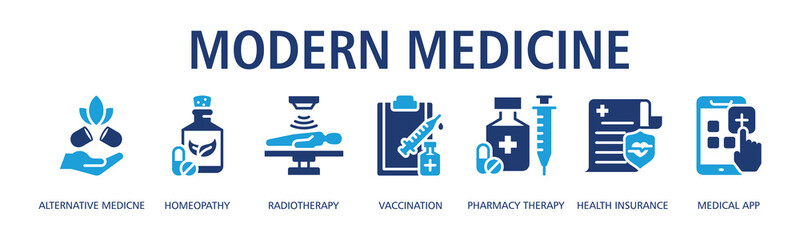 Modern Medicine Web Banner Glyph Dualtone icon vector illustration concept with icon of alternative medicine, homeopathy, radiotherapy, vaccination, pharmacy therapy, health insurance, medical app