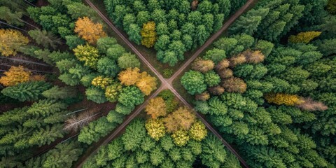 Vibrant autumn hues blend with lush green trees at a tranquil forest crossroads in the early morning light Generative AI