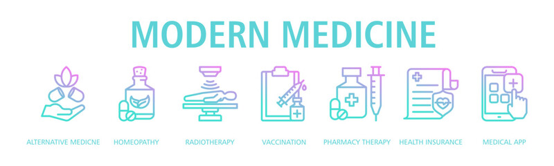 Modern Medicine Web Banner Outline Gradient icon vector illustration concept with icon of alternative medicine, homeopathy, radiotherapy, vaccination, pharmacy therapy, health insurance, medical app