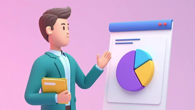 3D Cartoon Businessman Presenting Pie Chart with Budget Folder