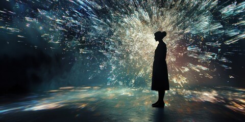 A dreamlike scene of a personâ€™s reflection shattering into fragmented light patterns