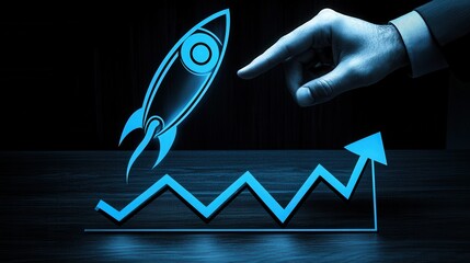 An abstract illustration featuring a hand pointing towards a digital rocket and an upward trend graph, symbolizing innovation and business growth.